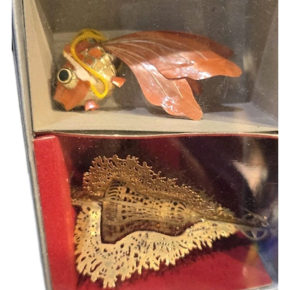 VTG NIB Metal Gold Tone Christmas Tree Ornament 3D & Gold Fish Bradford Gift Set
